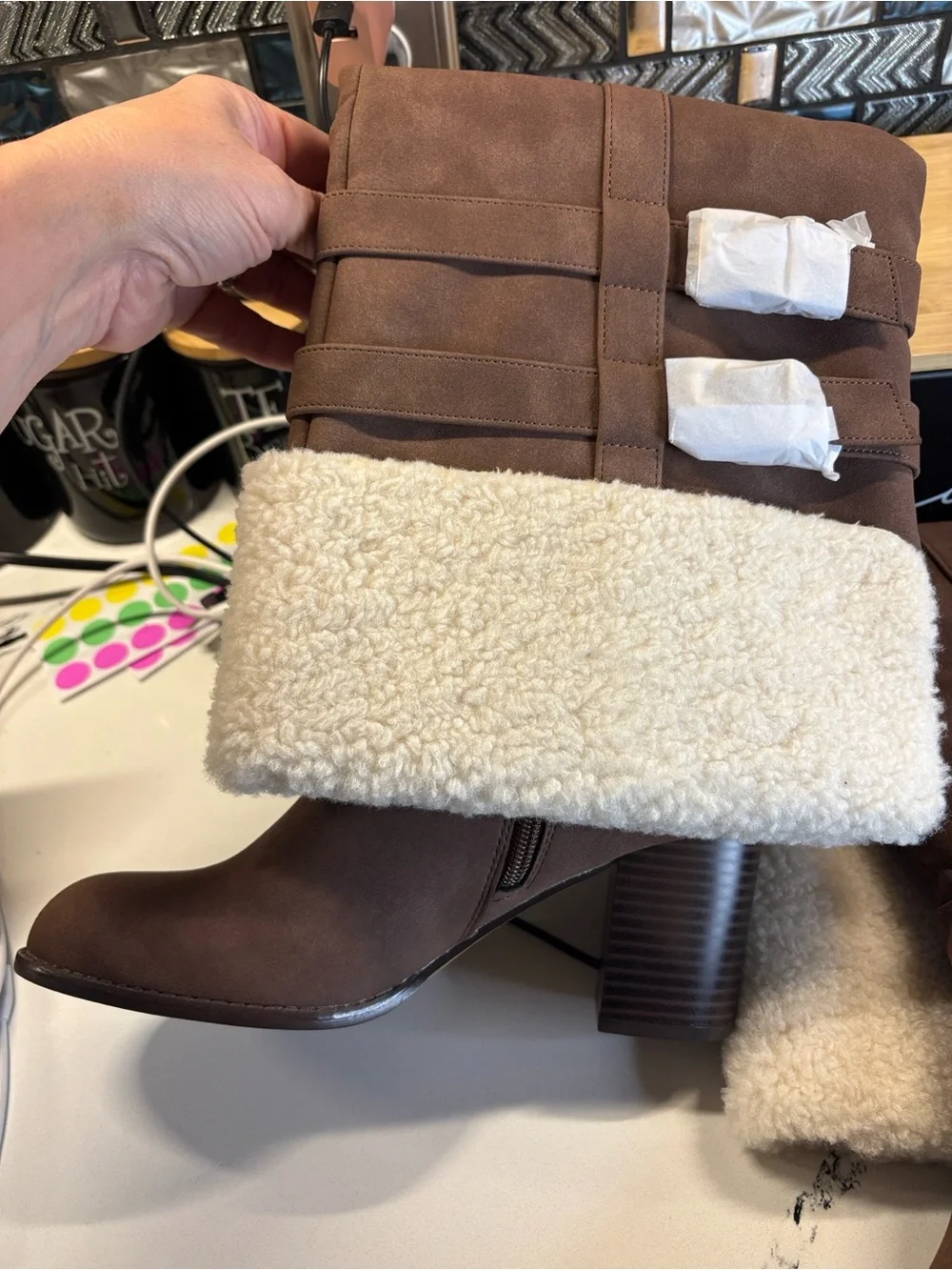 Journee Collection Brown Faux Suede Over-the-Knee Boots with Shearling Cuff